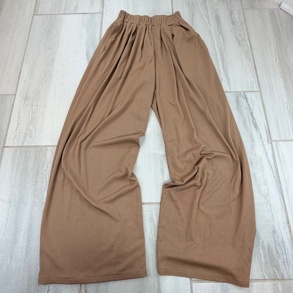 Cider Womens XS Ribbed Wide Leg Pants Brown Elastic Waist Flowy Loungewear